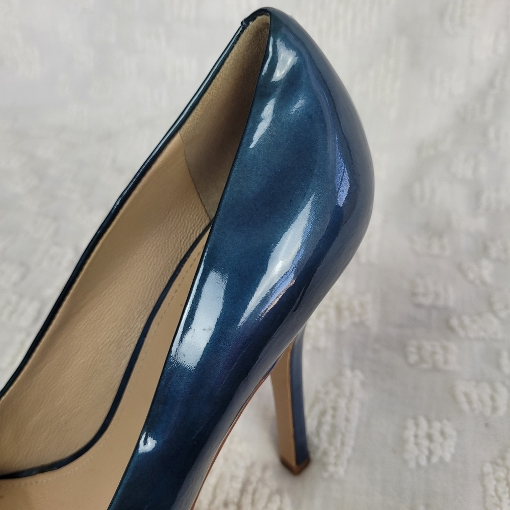 Joan & David teal blue patent leather platform pinup stiletto pumps almond toe 6 - Picture 11 of 12